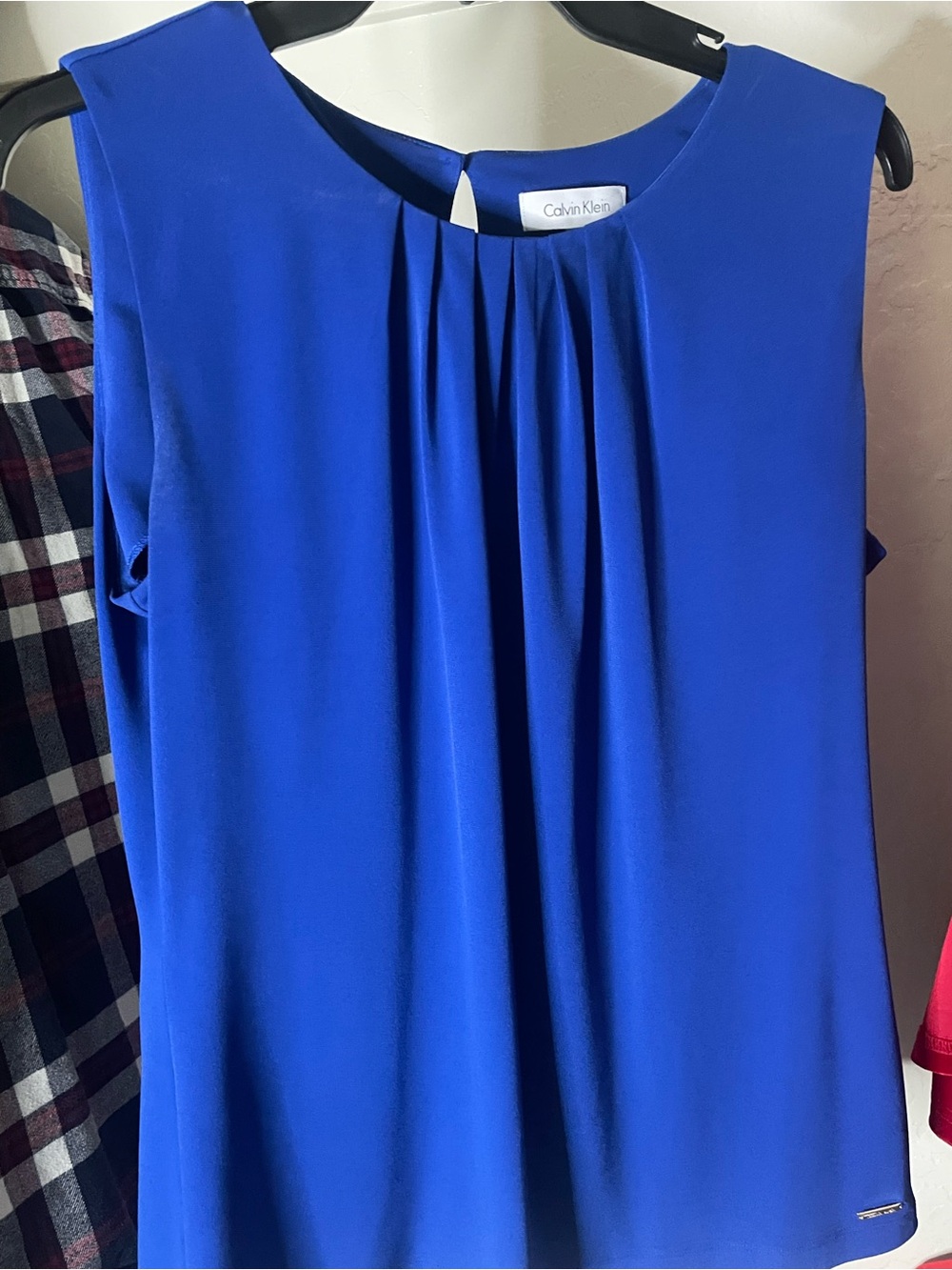 Calvin Klein Bright Blue Pleated Sleeveless Blouse